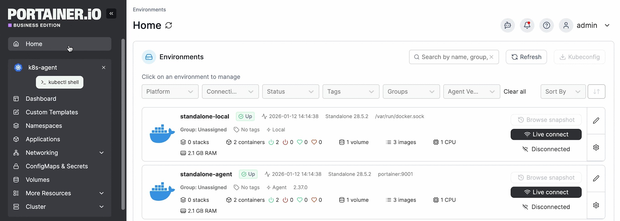 Portainer dashboard listing connected environments with an embedded kubectl shell option