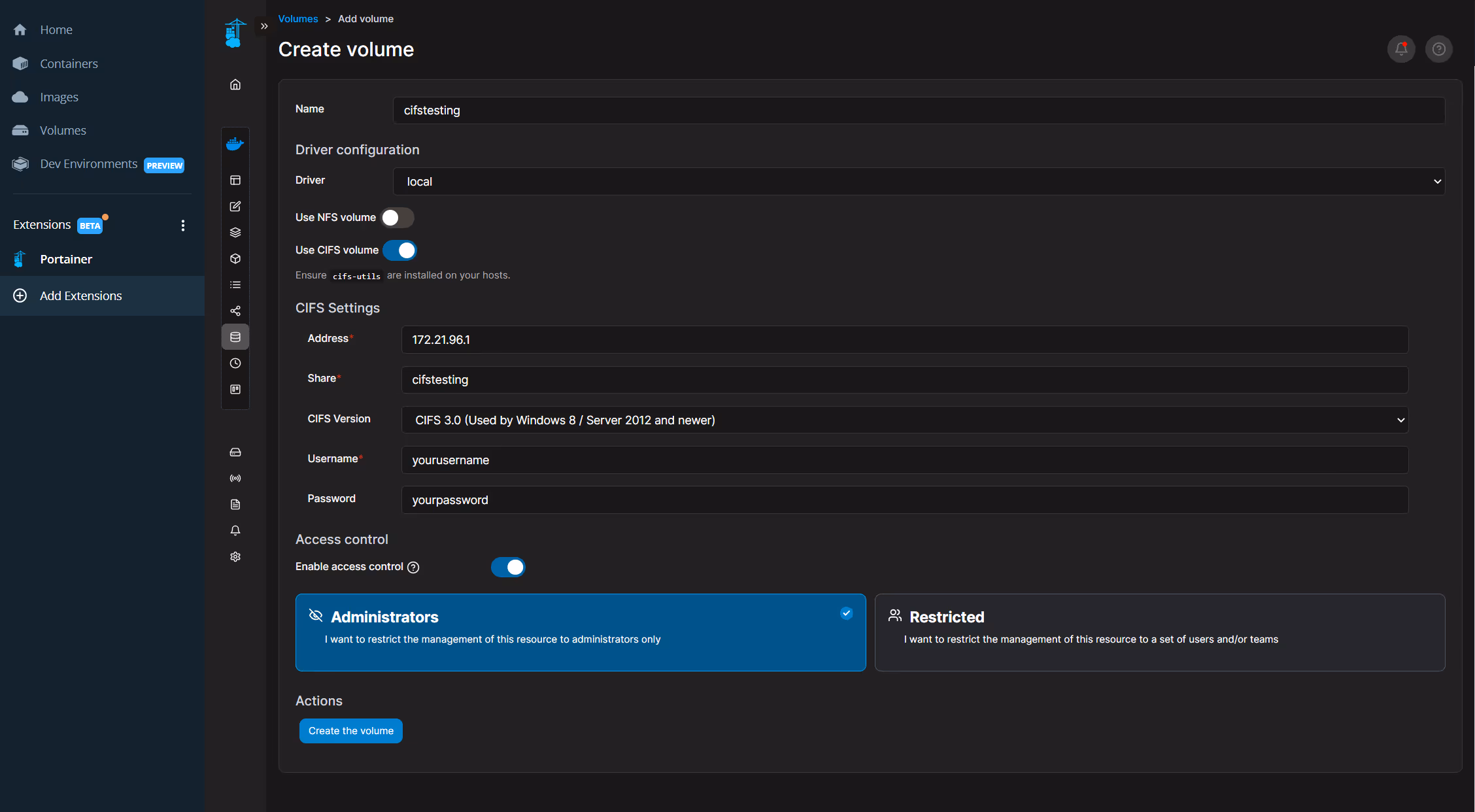 How To: Mount a CIFS share to a container in Docker Desktop