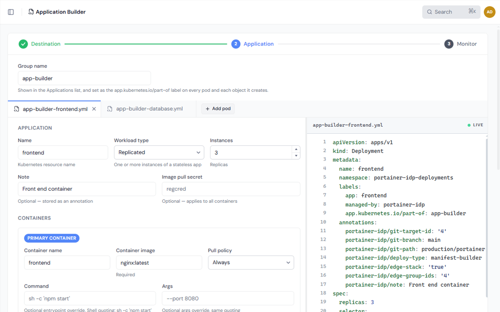 Application Builder with pod tabs and live YAML preview