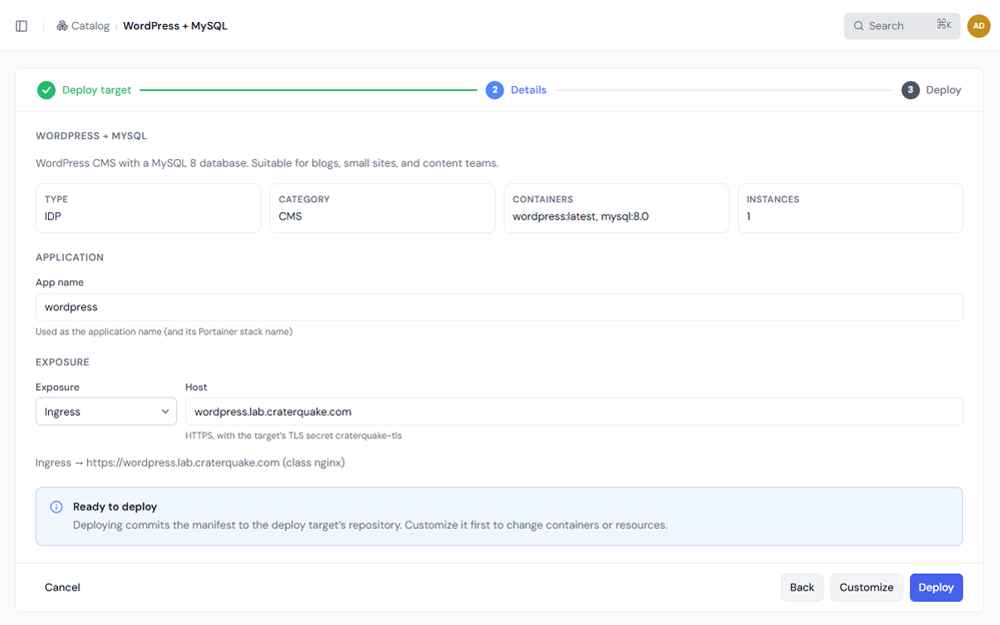 Catalog deploy details: a template selected and the review step open