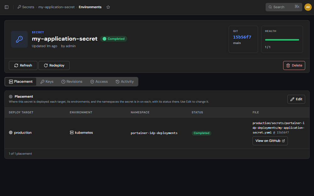 Secret detail page showing where the secret is deployed
