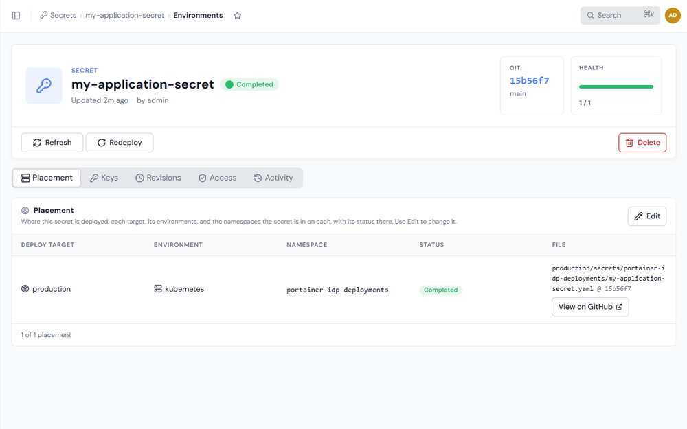 Secret detail page showing where the secret is deployed