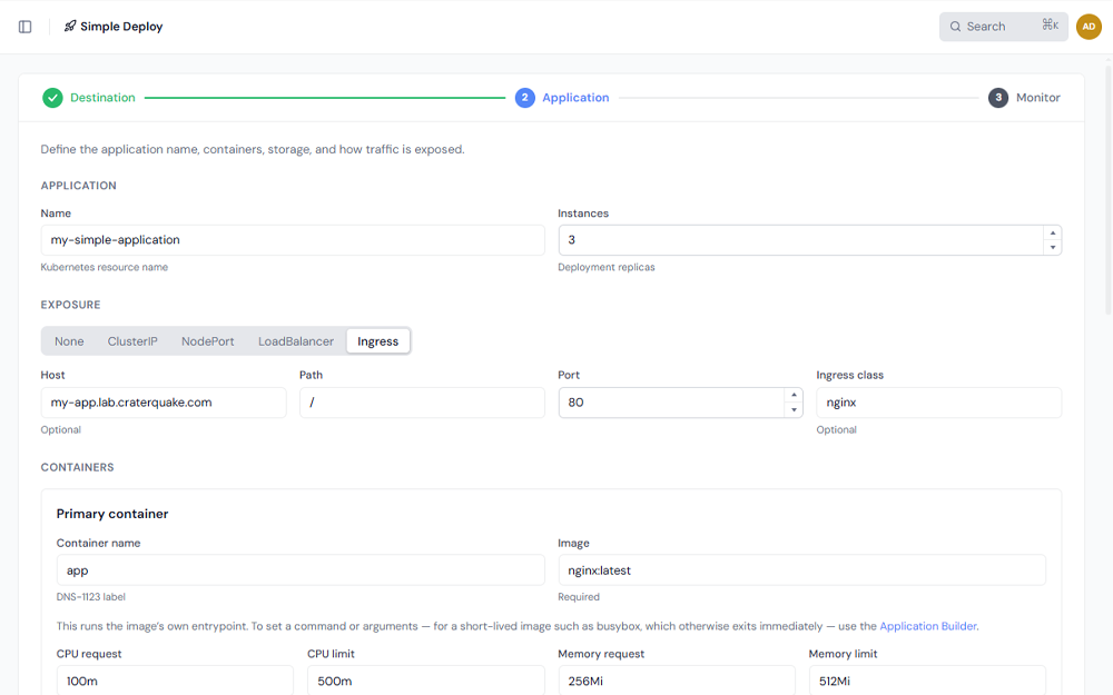 Simple Deploy form with application, exposure and container settings