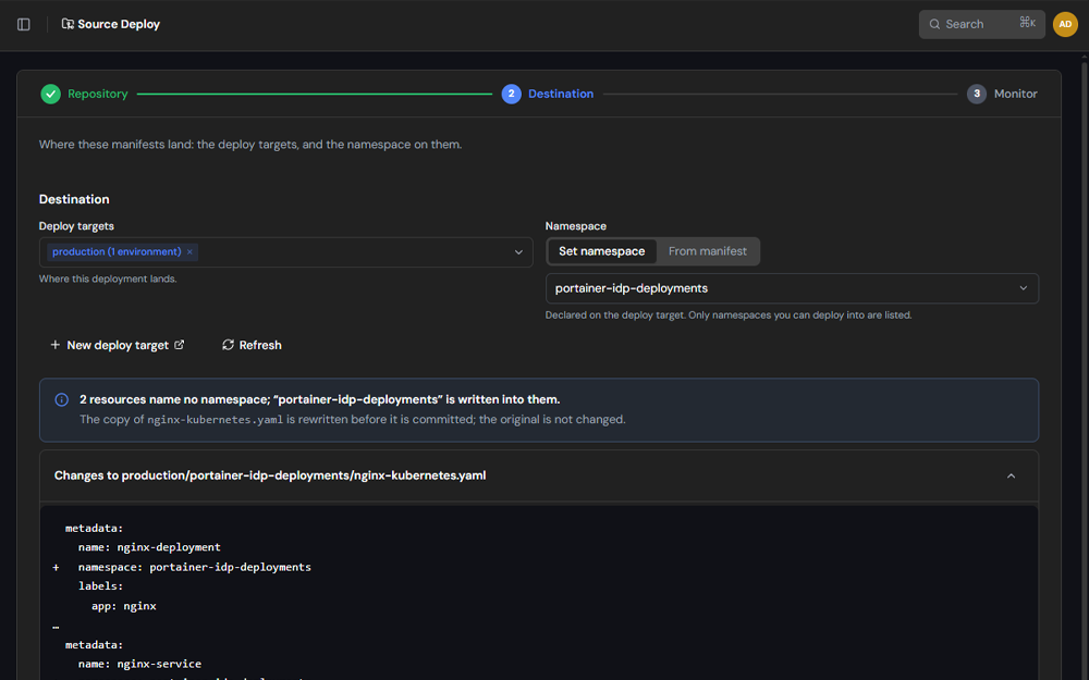 Source Deploy: repository, branch and manifest file selection