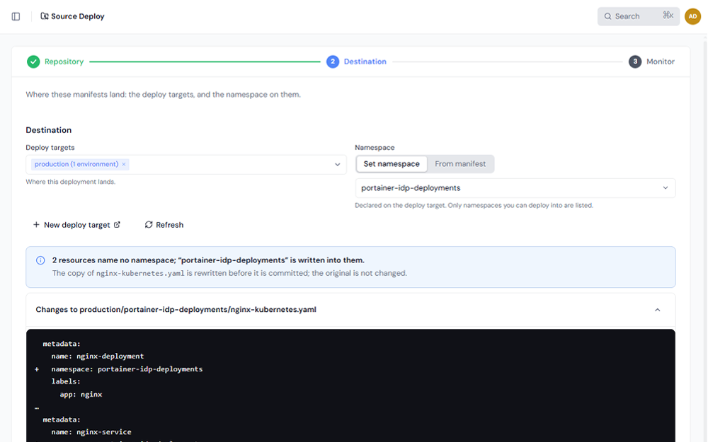 Source Deploy: repository, branch and manifest file selection