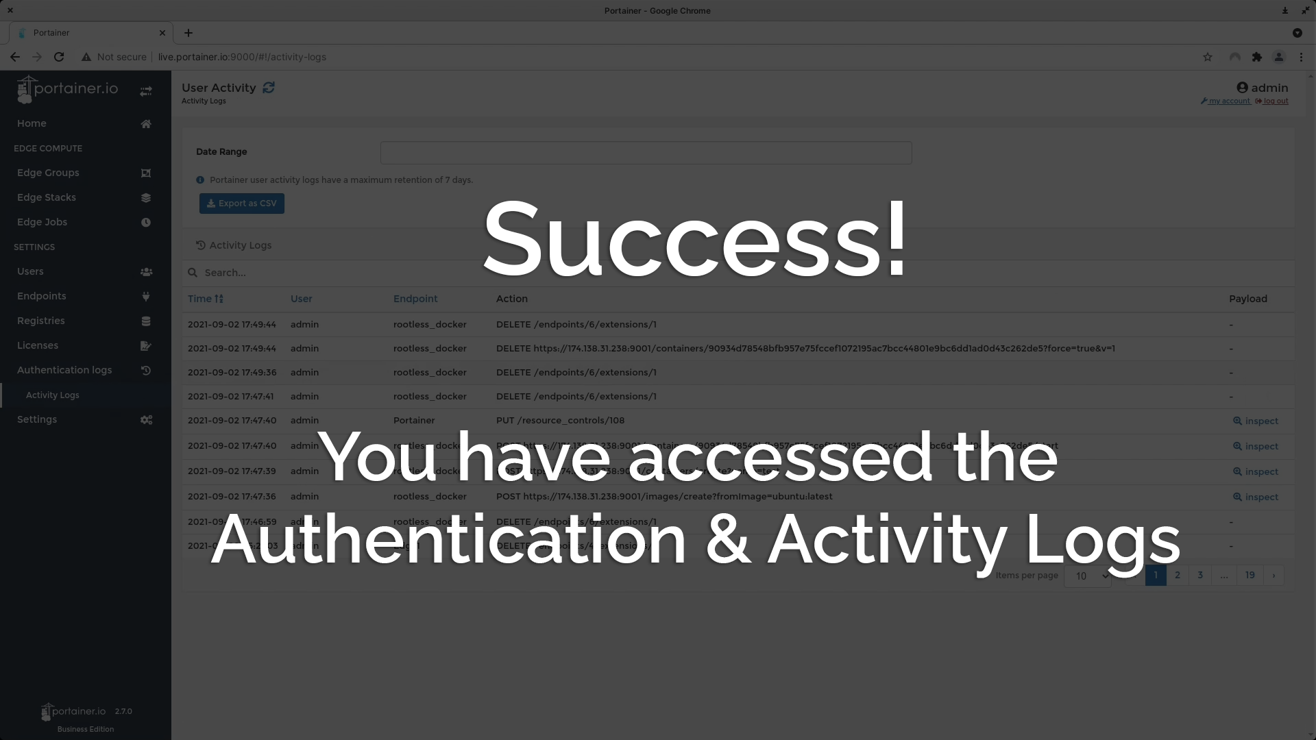Success! You have accessed the Authentication & Activity logs.