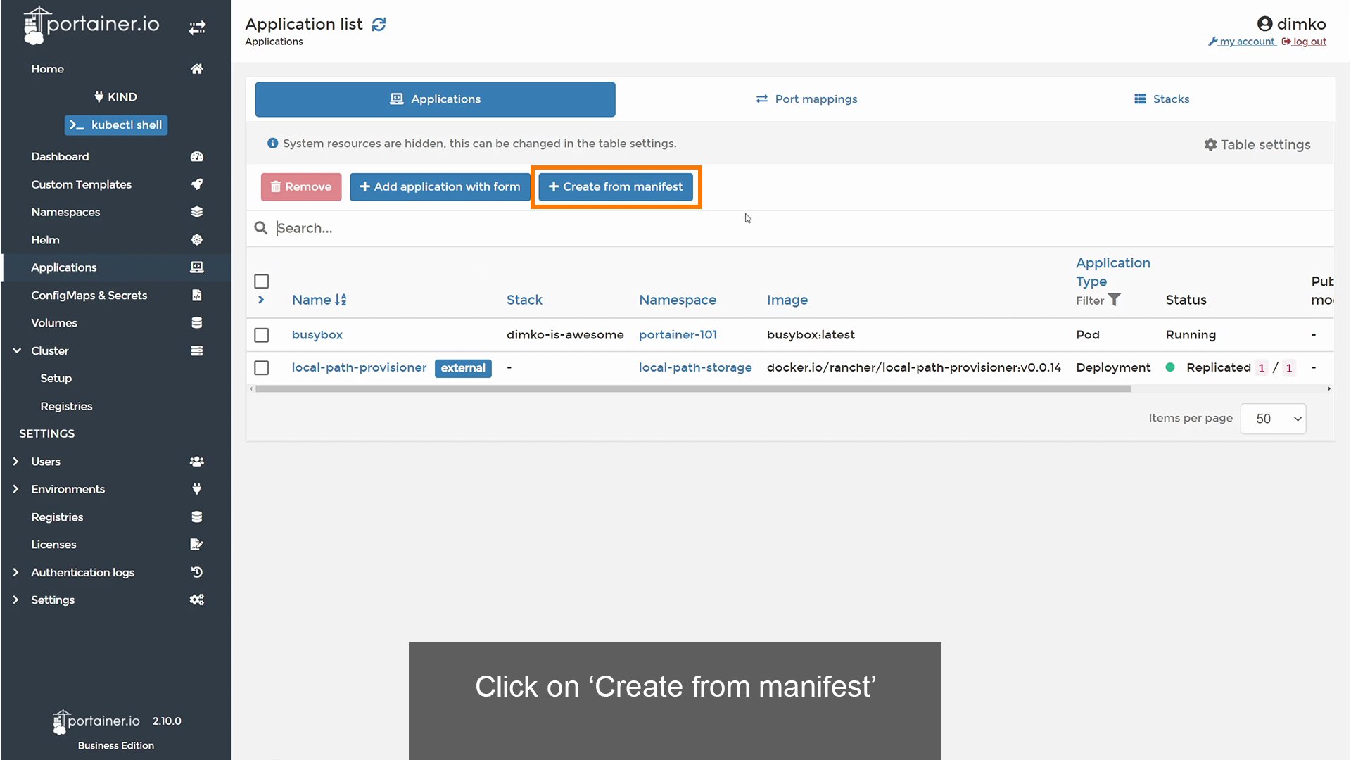 Click 'Create from manifest'