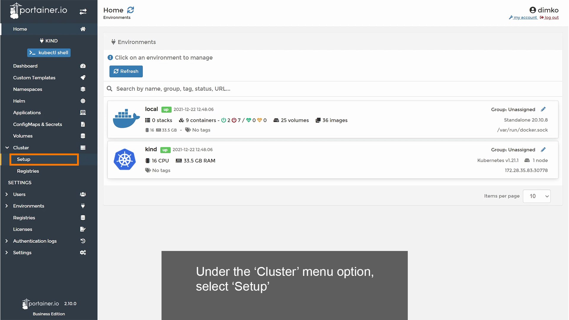 Under Cluster, select 'Setup'