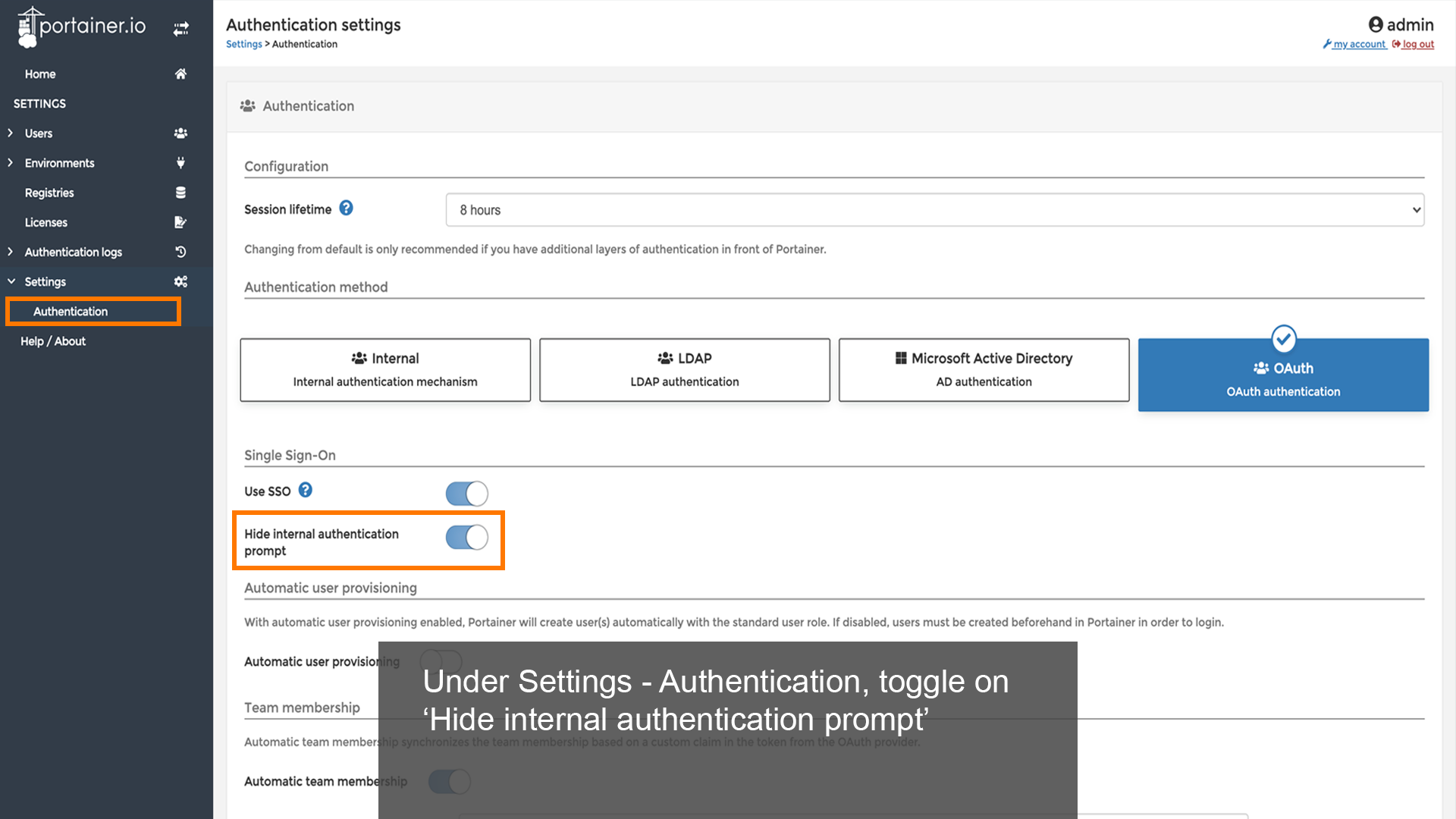 Toggle on 'Hide internal authentication prompt'