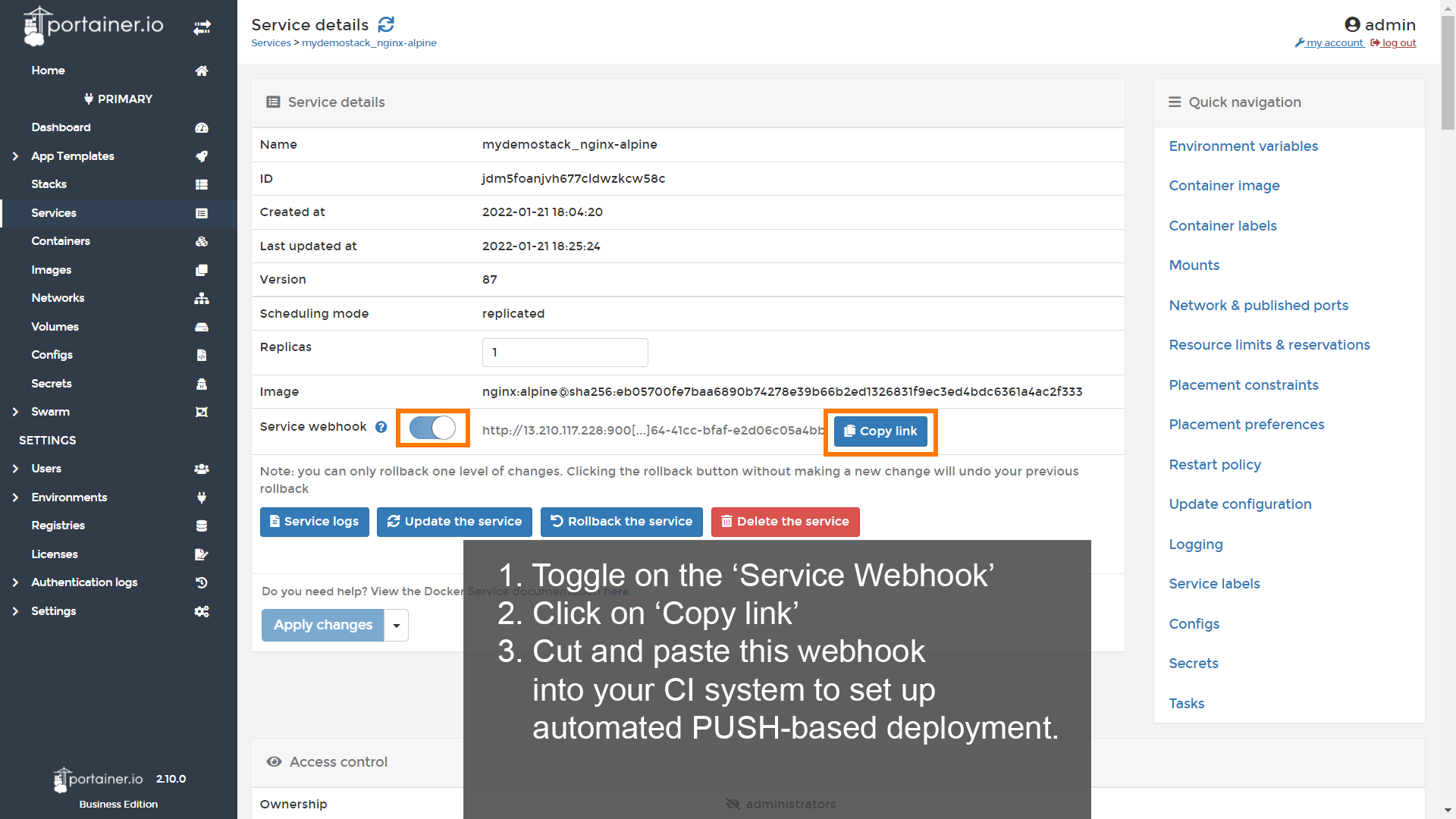Turn on the service webhook and copy the generated link