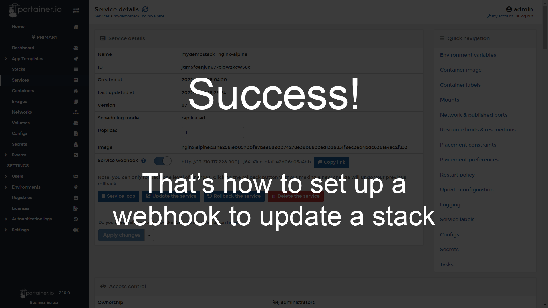 You have now set up a webhook to update a stack