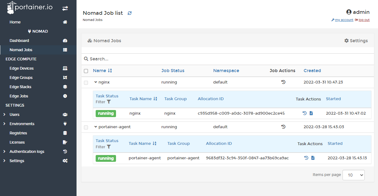 Portainer with Nomad Jobs Screenshot