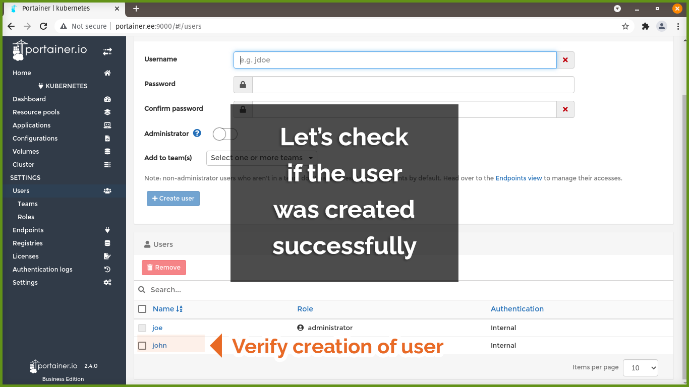 Verify user creation