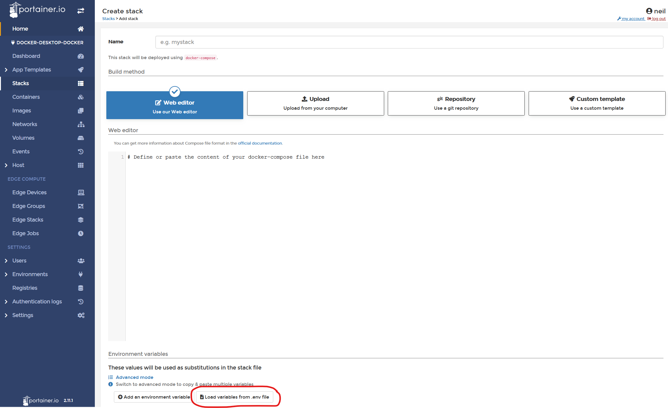 Using ENV files in Stacks with Portainer